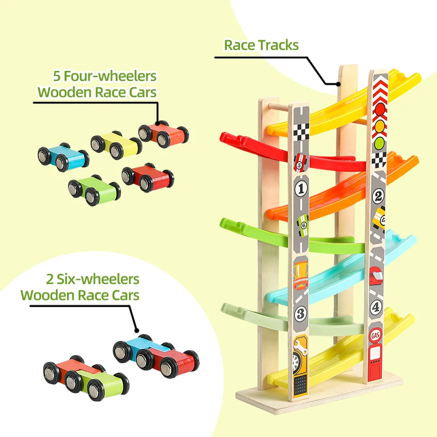 7 Track Wooden Ramp Racing Toddler Toys Car Set Montessori Educational Game Mini Inertia Slide Roller Coaster Christmas Gifts