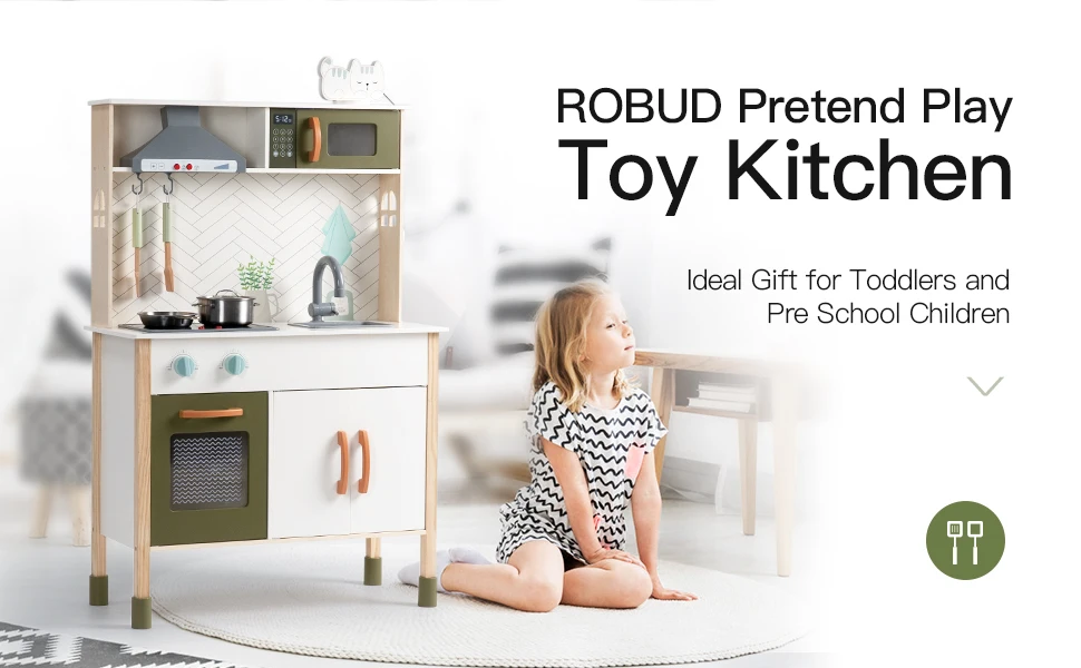 Robotime Robud Kitchen Playset Realistic Pretend Play Kitchen Montessori Wooden Play Kitchen Toy Kitchen Set for Kids Girls Boys