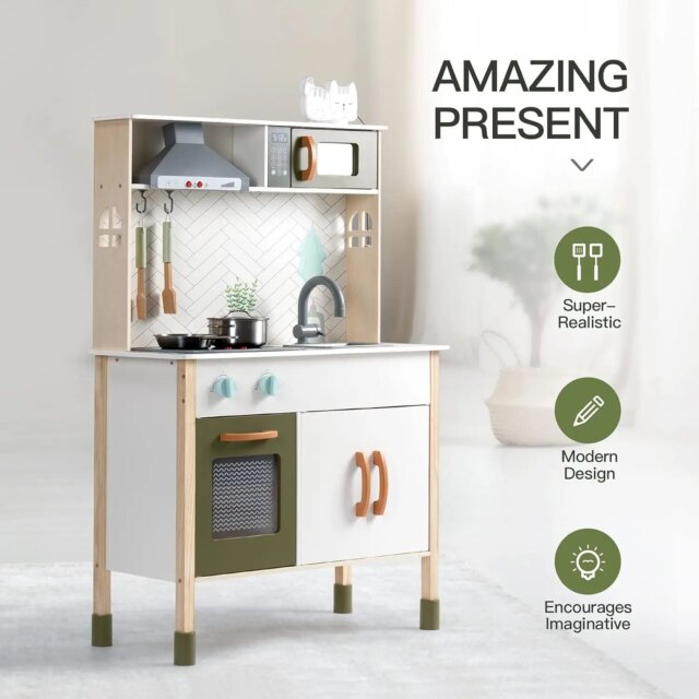 Robotime Robud Kitchen Playset Realistic Pretend Play Kitchen Montessori Wooden Play Kitchen Toy Kitchen Set for Kids Girls Boys - Image 6