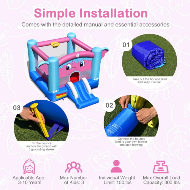 Inflatable Bounce House 3-in-1 Elephant Theme Inflatable Castle w/ 735W Blower - Image 3
