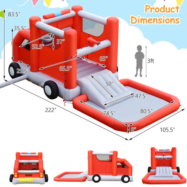 Fire Truck Themed Inflatable Castle Water Park Kids Bounce House Blower Excluded - Image 2