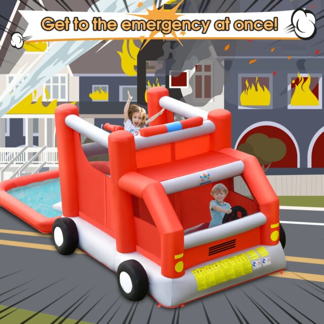 Fire Truck Themed Inflatable Castle Water Park Kids Bounce House Blower Excluded - Image 4