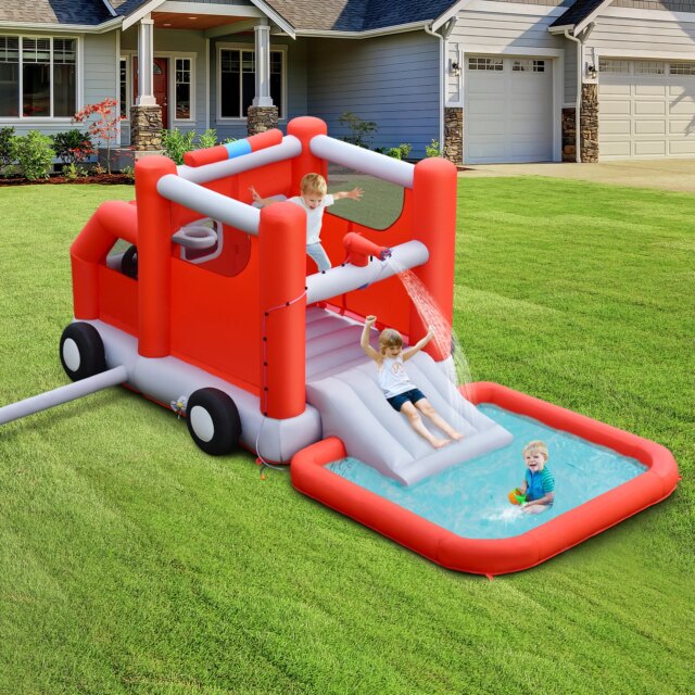 Fire Truck Themed Inflatable Castle Water Park Kids Bounce House Blower Excluded - Image 3