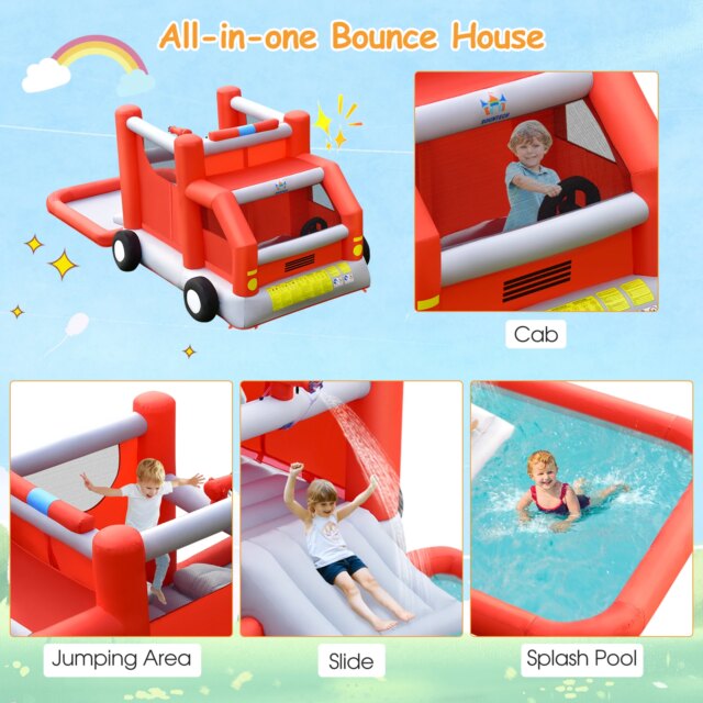 Fire Truck Themed Inflatable Castle Water Park Kids Bounce House Blower Excluded - Image 6