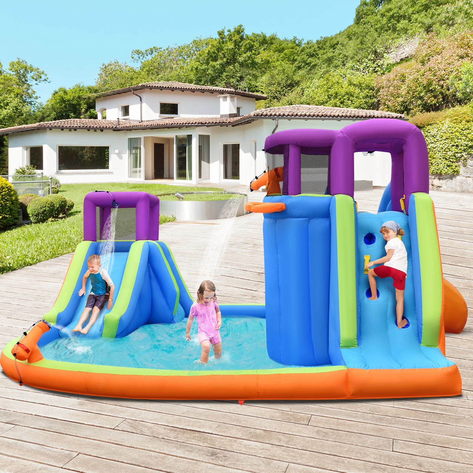 Bountech 6 in 1 Inflatable Dual Slide Water Park Climbing Bouncer Without Blower