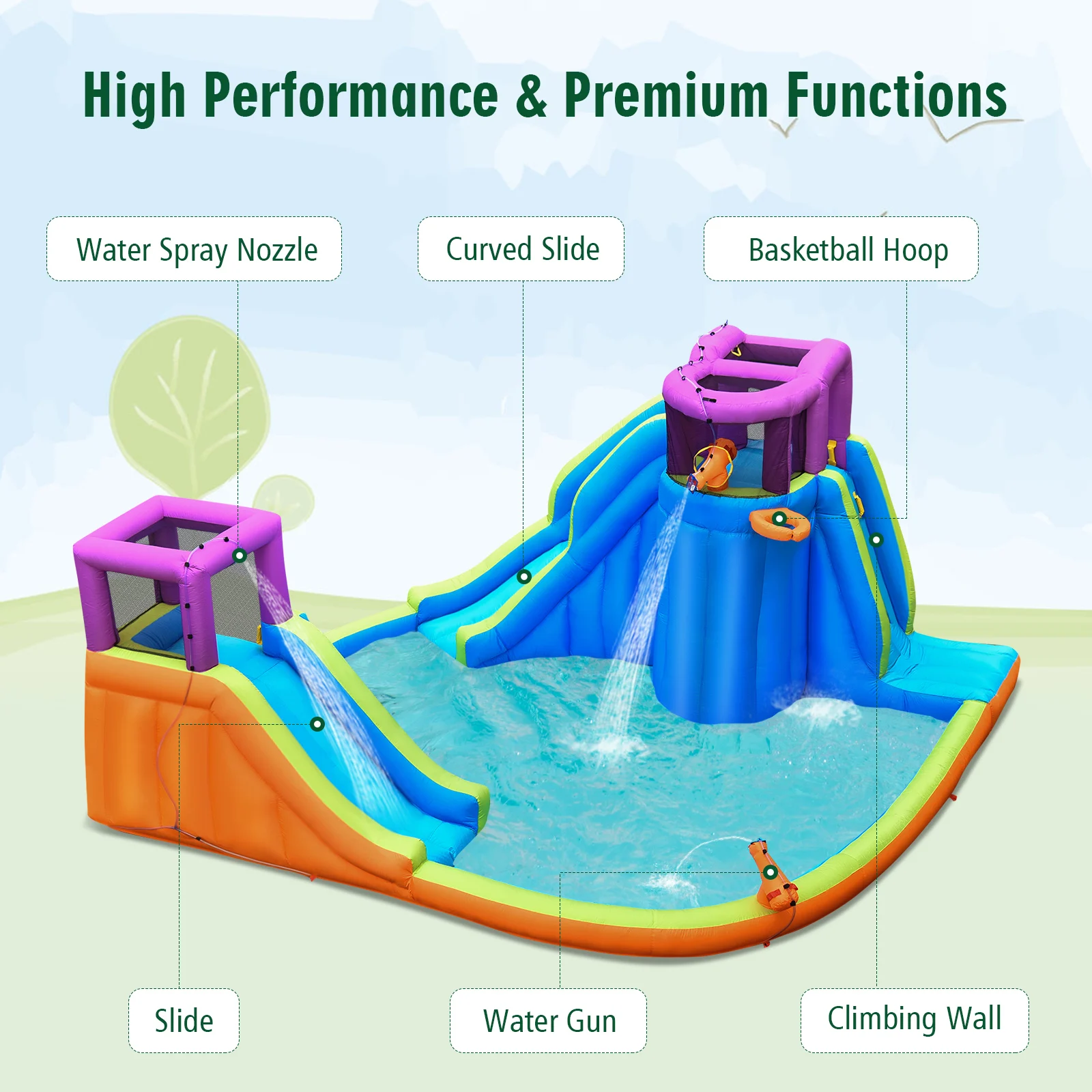 Bountech 6 in 1 Inflatable Dual Slide Water Park Climbing Bouncer Without Blower