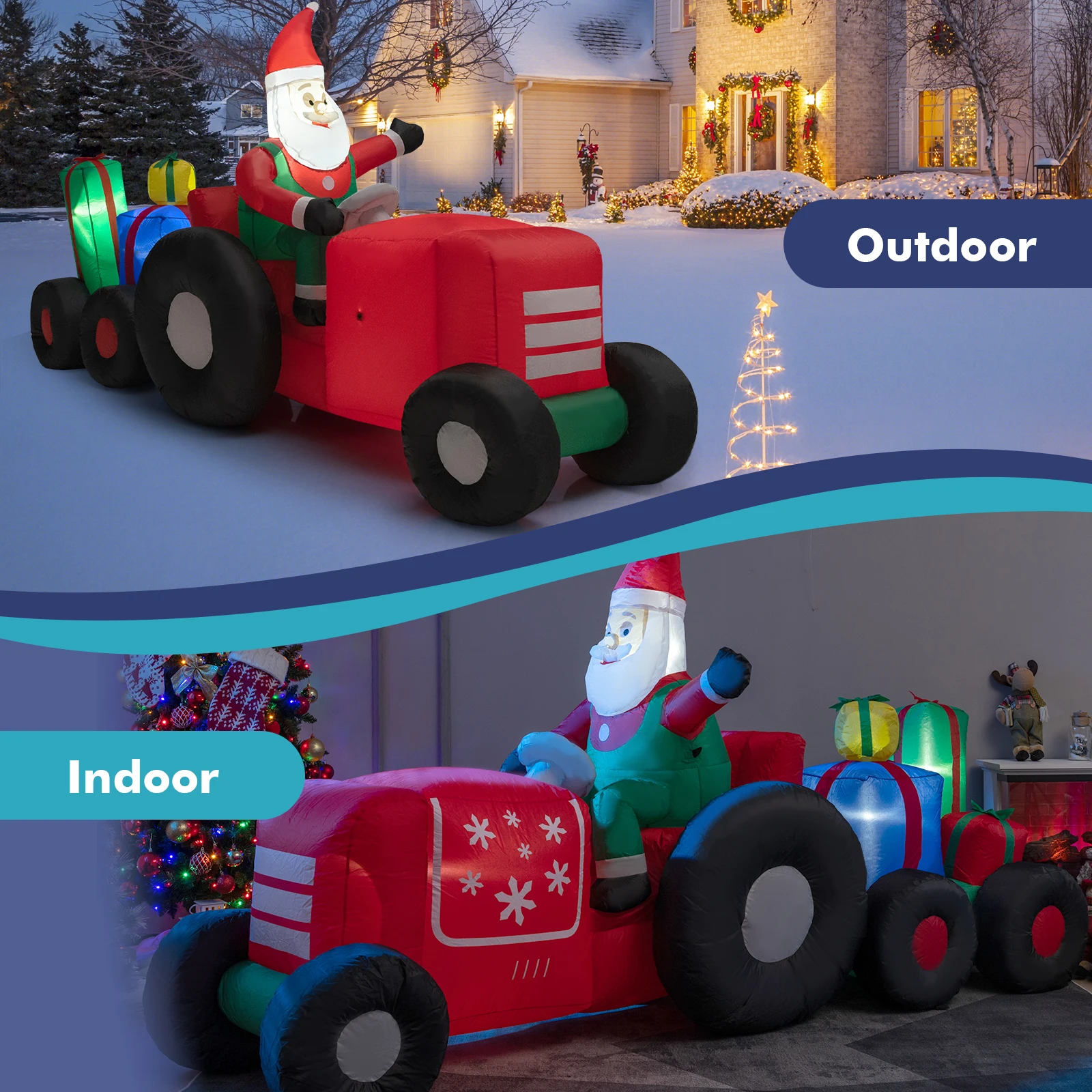 9 FT Long Christmas Inflatable Santa Claus Driving Tractor with Gifts Decoration