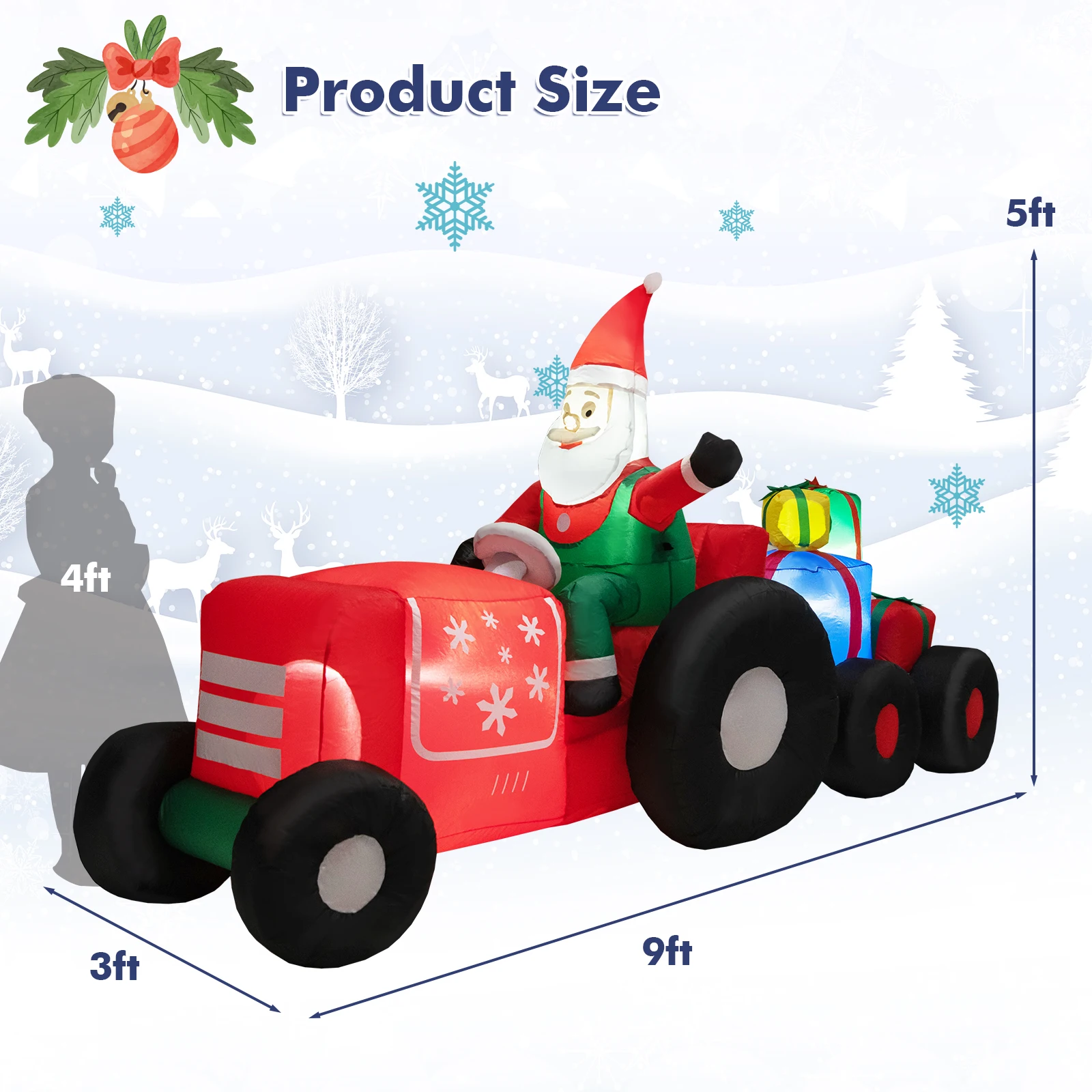 9 FT Long Christmas Inflatable Santa Claus Driving Tractor with Gifts Decoration