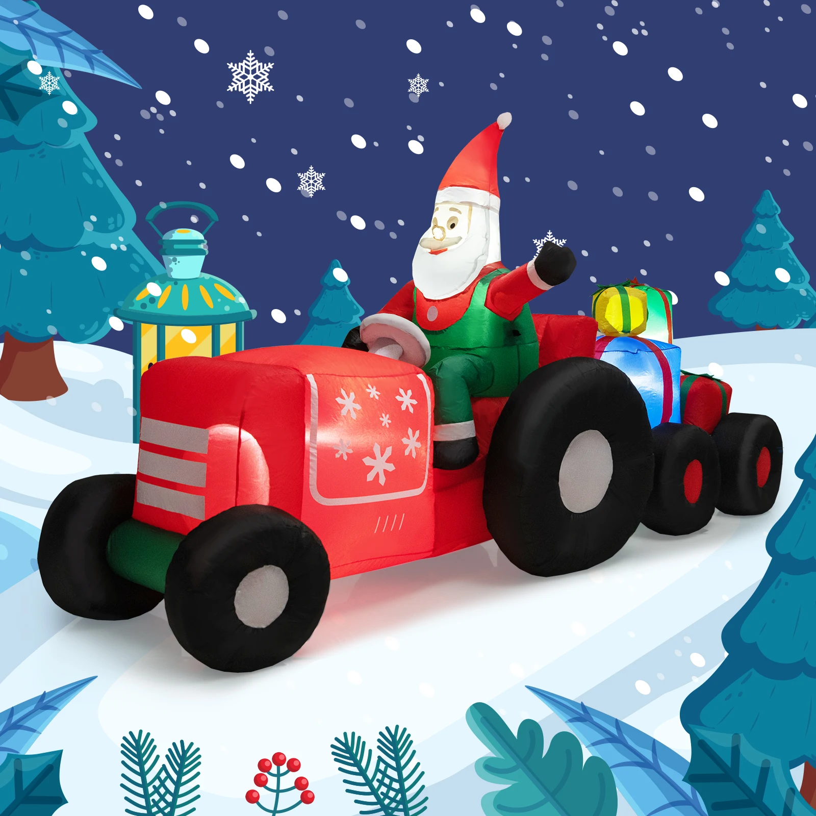 9 FT Long Christmas Inflatable Santa Claus Driving Tractor with Gifts Decoration