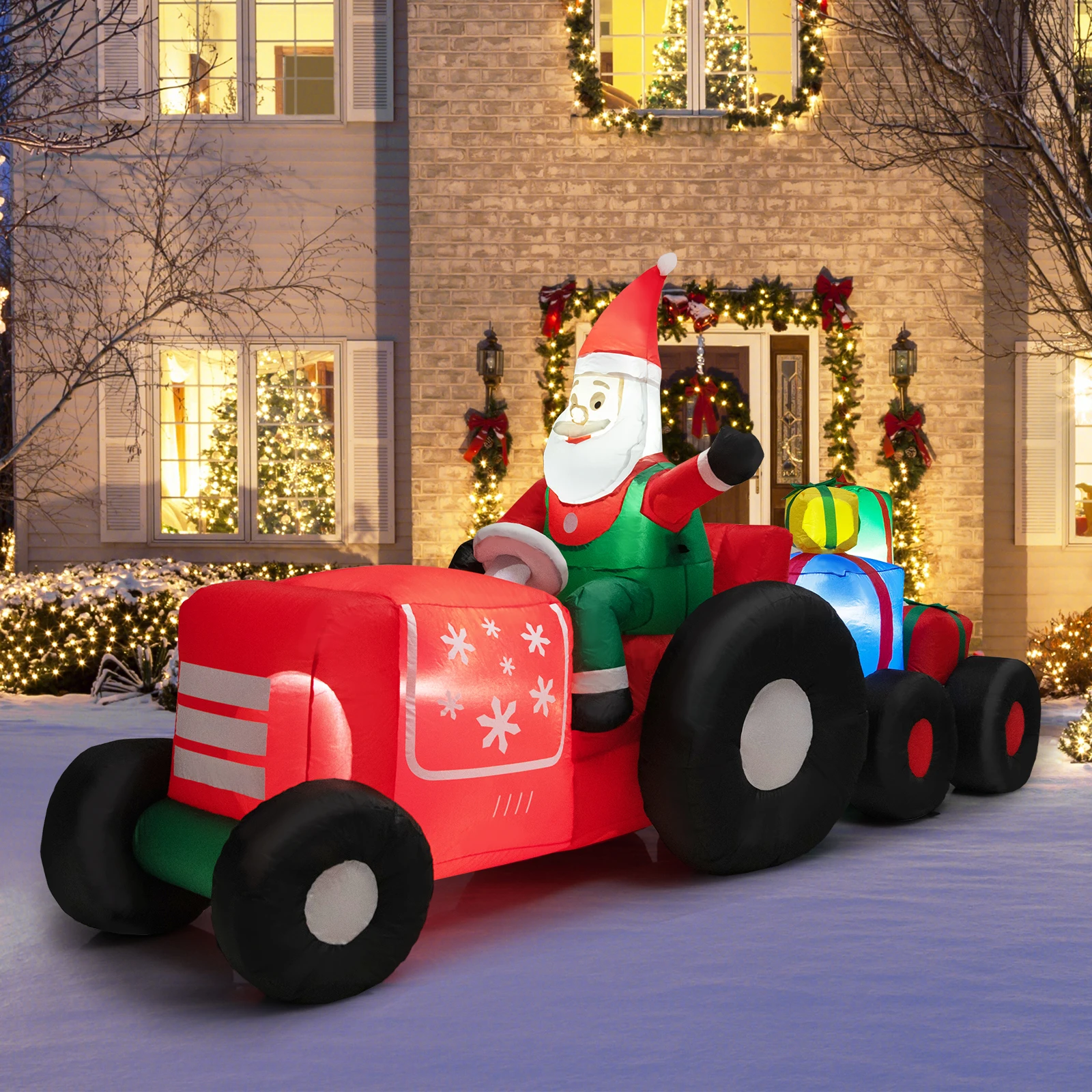 9 FT Long Christmas Inflatable Santa Claus Driving Tractor with Gifts Decoration