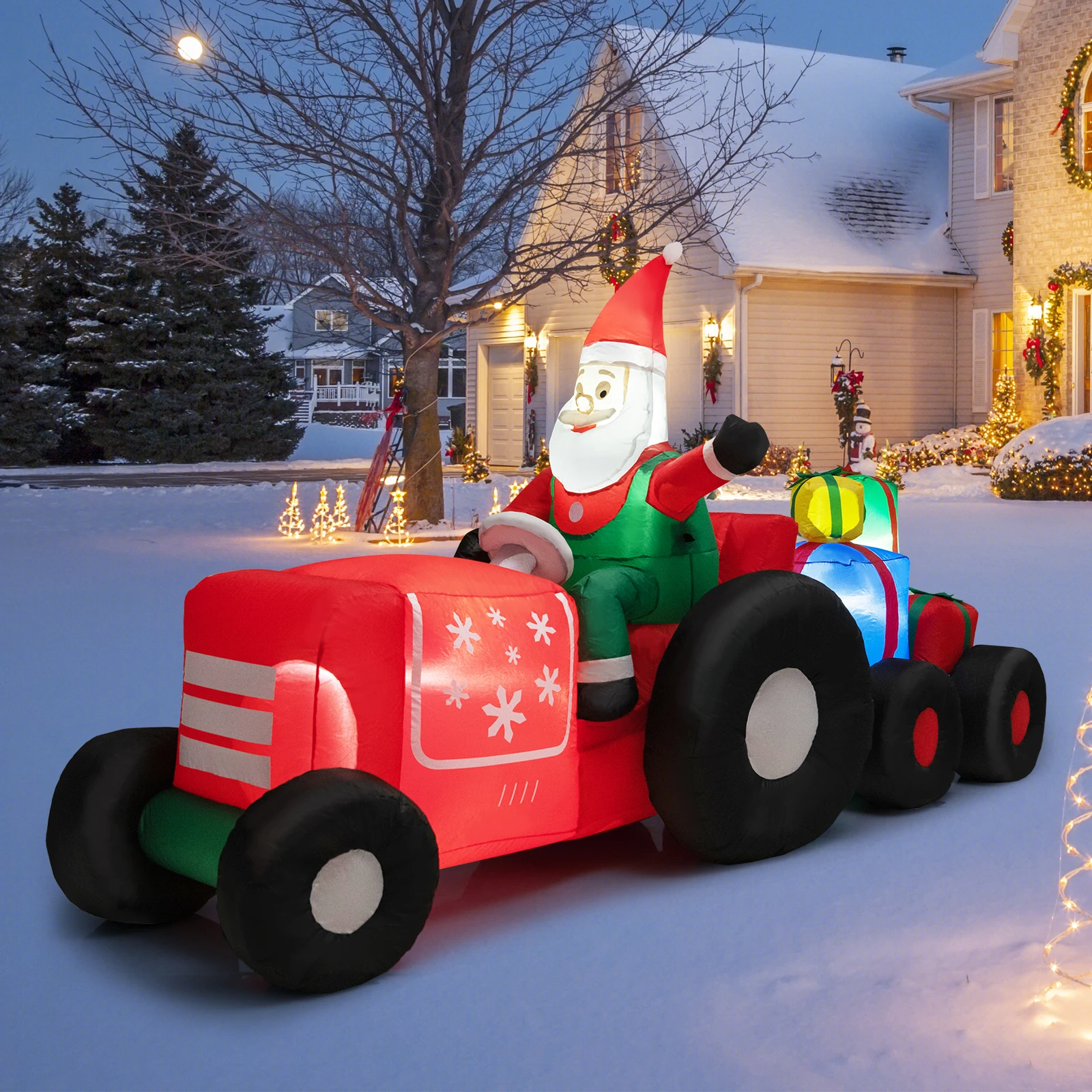 9 FT Long Christmas Inflatable Santa Claus Driving Tractor with Gifts Decoration