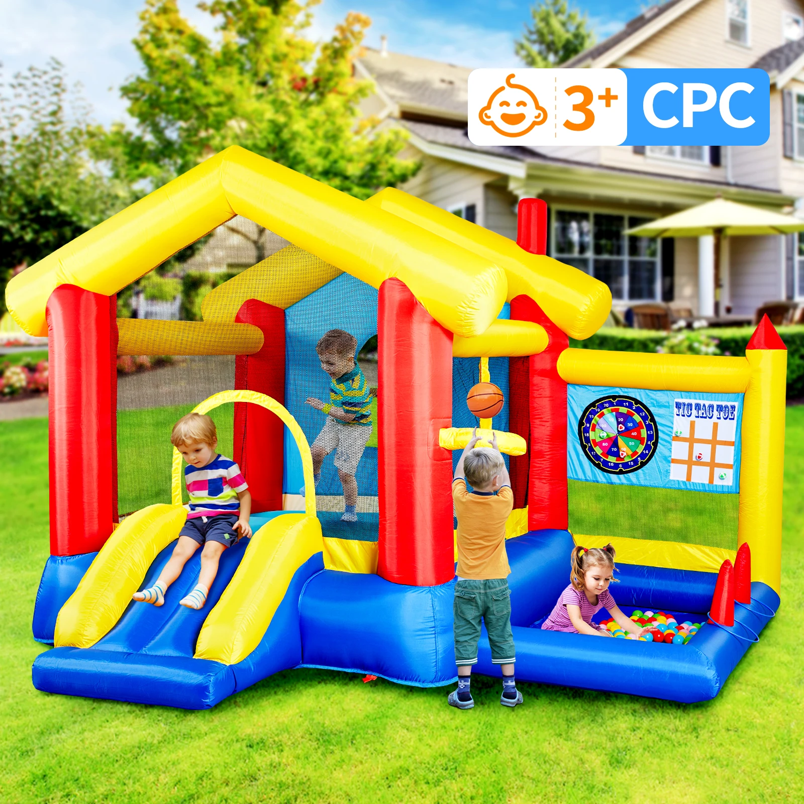 8 in 1 Inflatable Bounce House with Blower Basketball Hoop Ocean Balls Ring-toss Game Target  and Sticky Ball Game for Kids