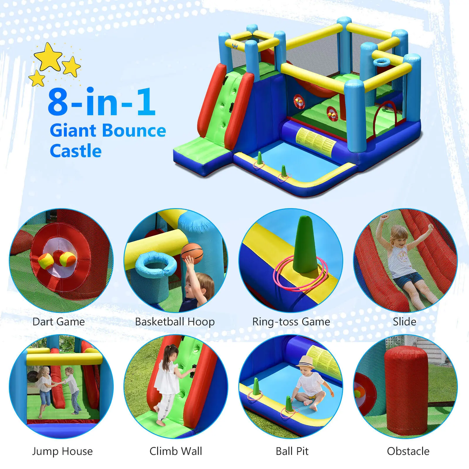 Costway Inflatable Bounce House 8-in-1 Kids Inflatable Bouncer W/ Slide (Without Blower)