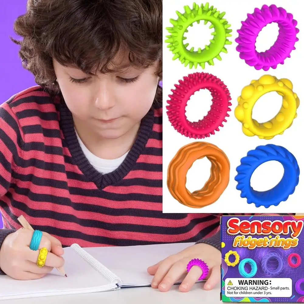 Sensory Rings For Kids Finger Massager Rings Toys Set Of 6 Spiky Sensory Finger Rings Silent Stress Reducer Fidgets Ring For