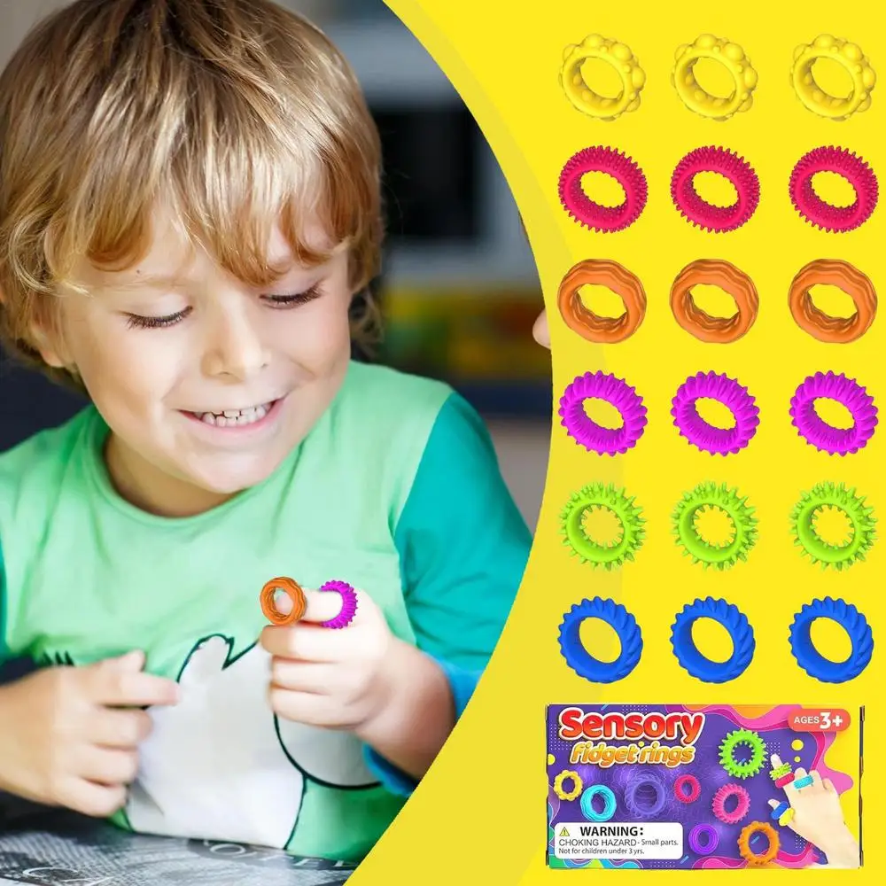 Sensory Rings Stress Relief Fidgets Sensory Toys Spiky Sensory Finger Rings Silent Stress Reducer Fidgets Ring for Kids Teens