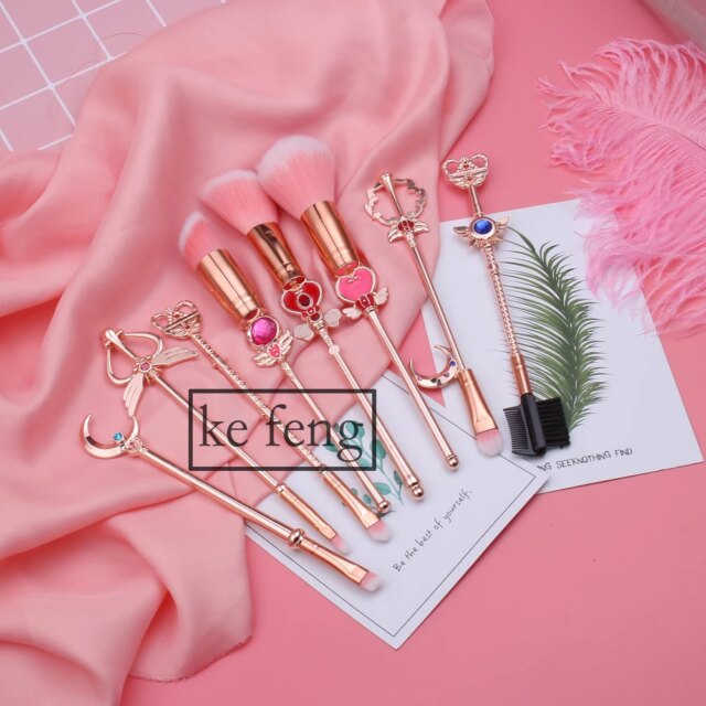 Hot Anime Cosmetic Makeup Brushes Set Tools Kit Eye Liner Shader Foundation Powder Natural-Synthetic Pink Hair - Image 3
