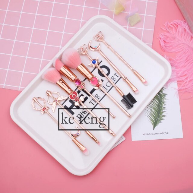 Hot Anime Cosmetic Makeup Brushes Set Tools Kit Eye Liner Shader Foundation Powder Natural-Synthetic Pink Hair - Image 4
