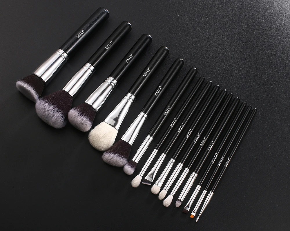 BEILI Black 15 Pcs Makeup Brushes Professional Natrul Goat Synthetic Hair Foundation Powder Eyeshadow Brush Make Up Tools