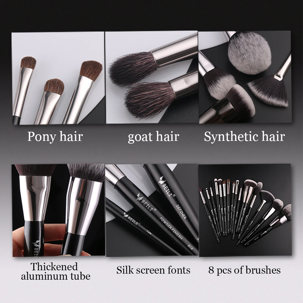 BEILI Black 15 Pcs Makeup Brushes Professional Natrul Goat Synthetic Hair Foundation Powder Eyeshadow Brush Make Up Tools