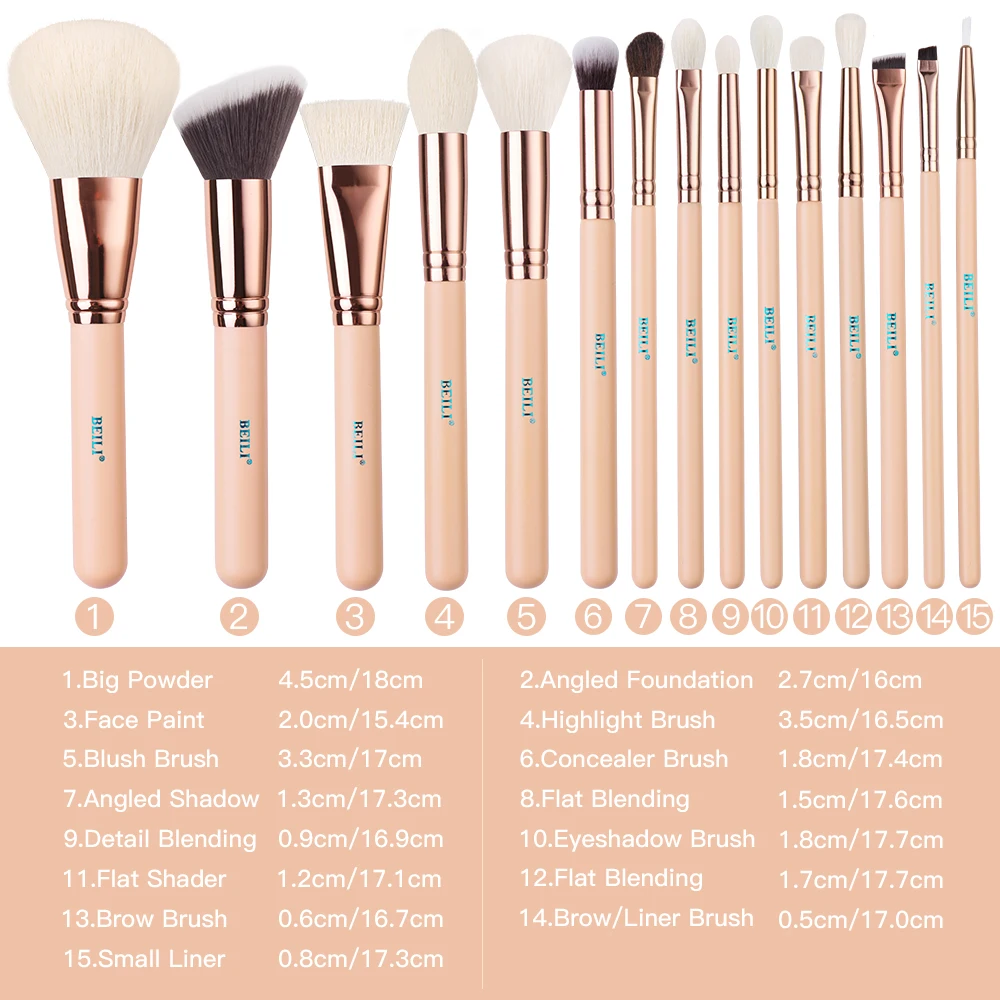 BEILI 15Pcs Rose Gold Makeup Brushes Pink Natural Goat Hair Foundation Powder Blush Eyeshadow Brush Set brochas maquillaje