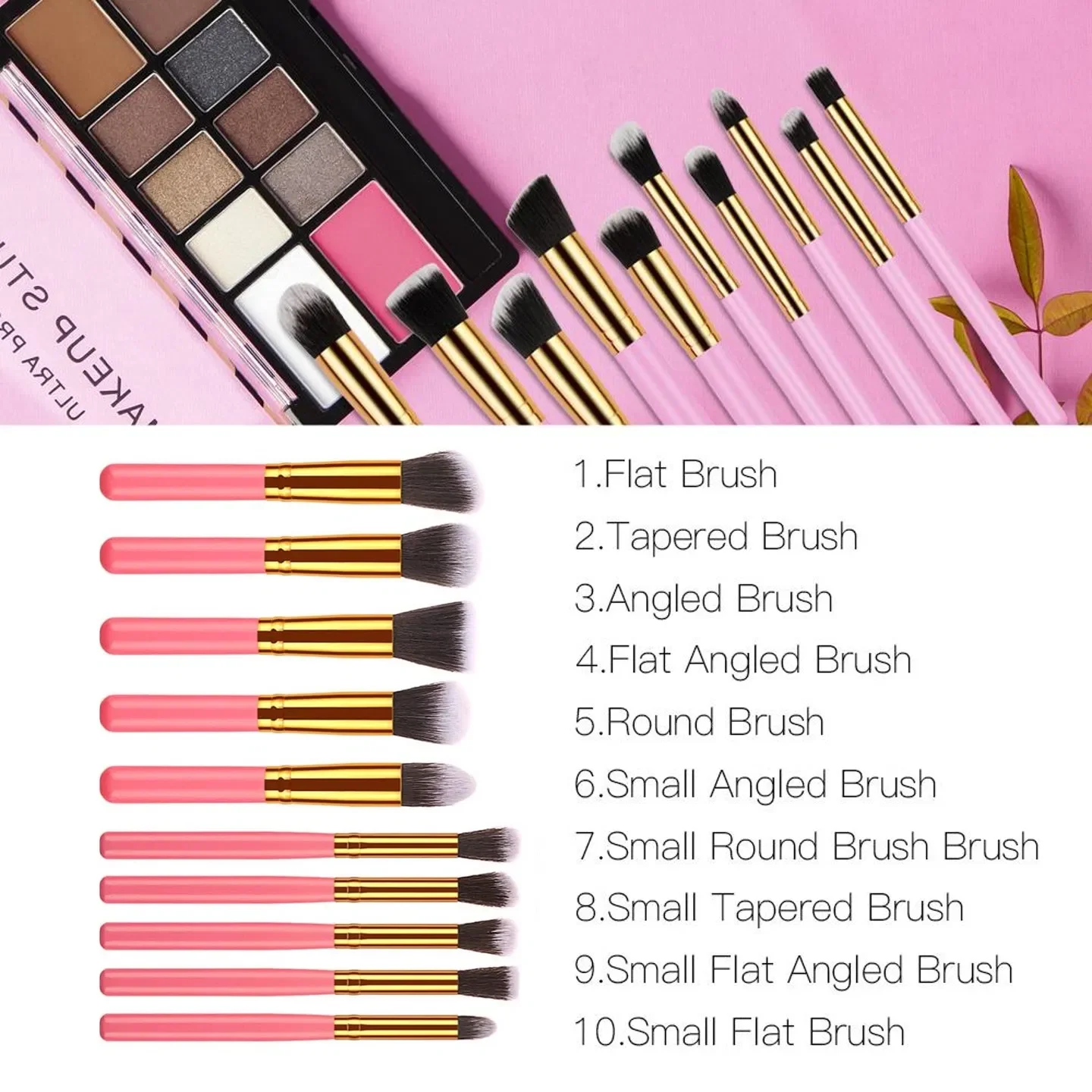 10 pcs makeup brush set Portable fashion high-end beauty tool set (Pink Golden) with bag