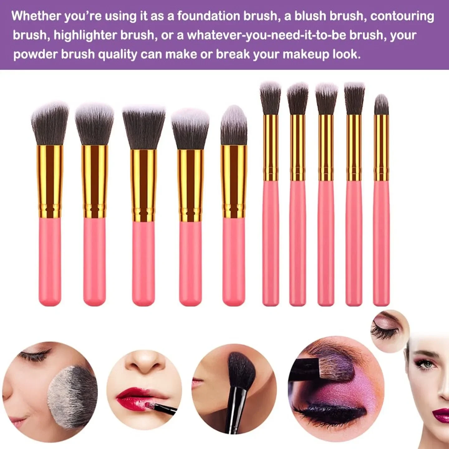 10 pcs makeup brush set Portable fashion high-end beauty tool set (Pink Golden) with bag