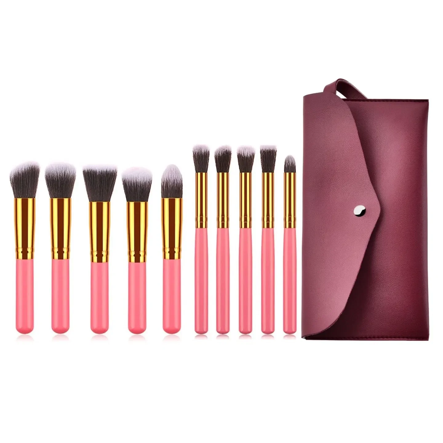 10 pcs makeup brush set Portable fashion high-end beauty tool set (Pink Golden) with bag