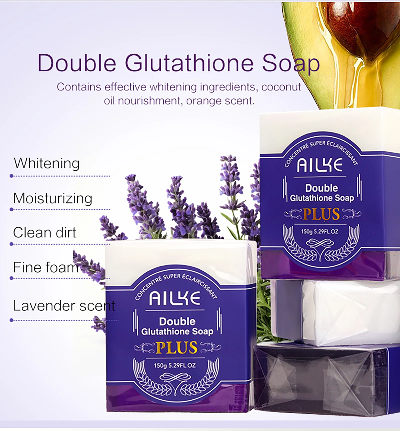 AILKE Lightening Soap Bar, With Organic Glutathione & Lavender, For Face, Body, Reduce Spots, Clean Skin,Support Customized LOGO