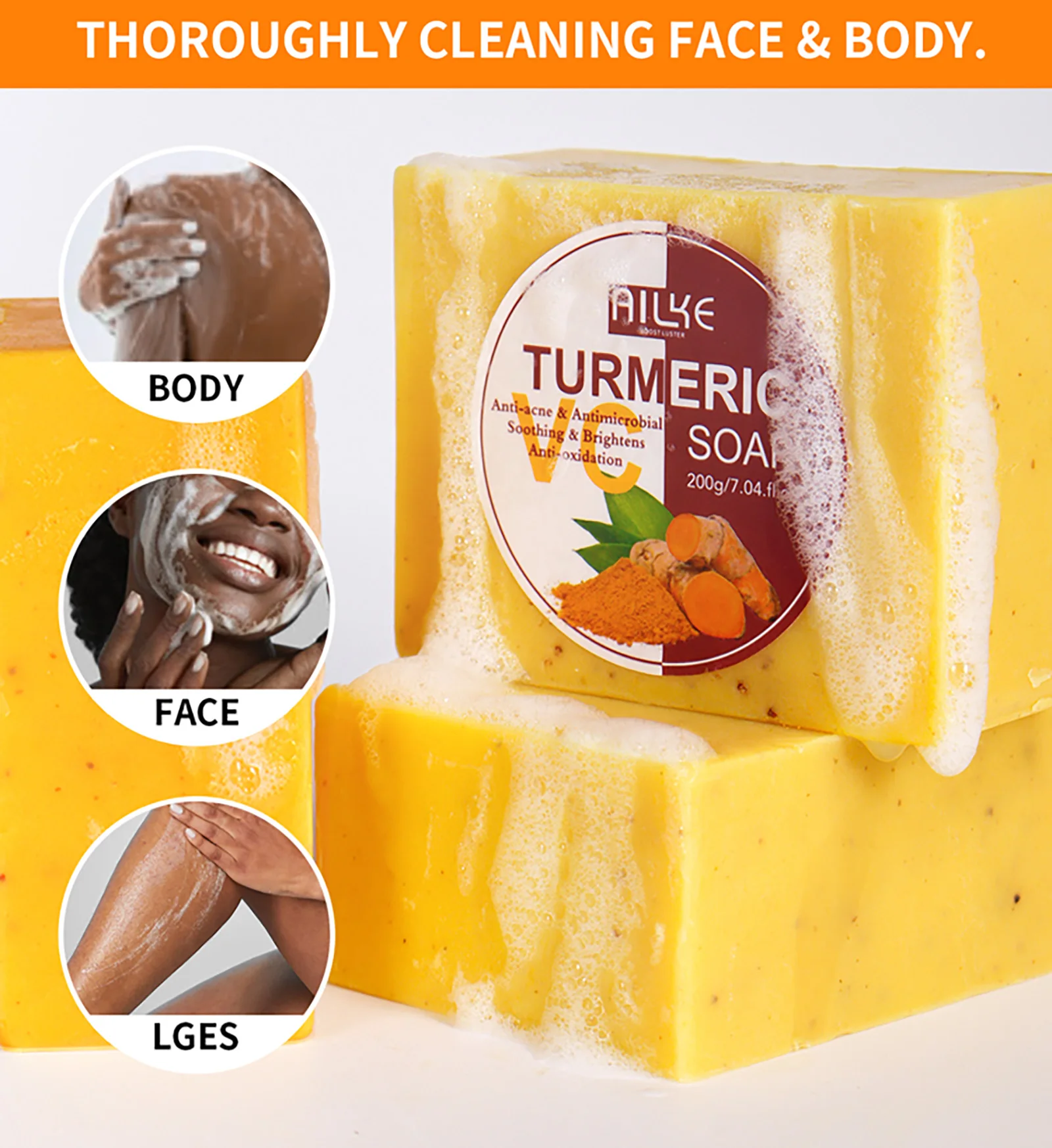 AILKE Natural Turmeric Soap for Face & Body, Lighten, Clean Stains, Brighten Skin Tone, Reduce Acne, Age Spot, Black Spot