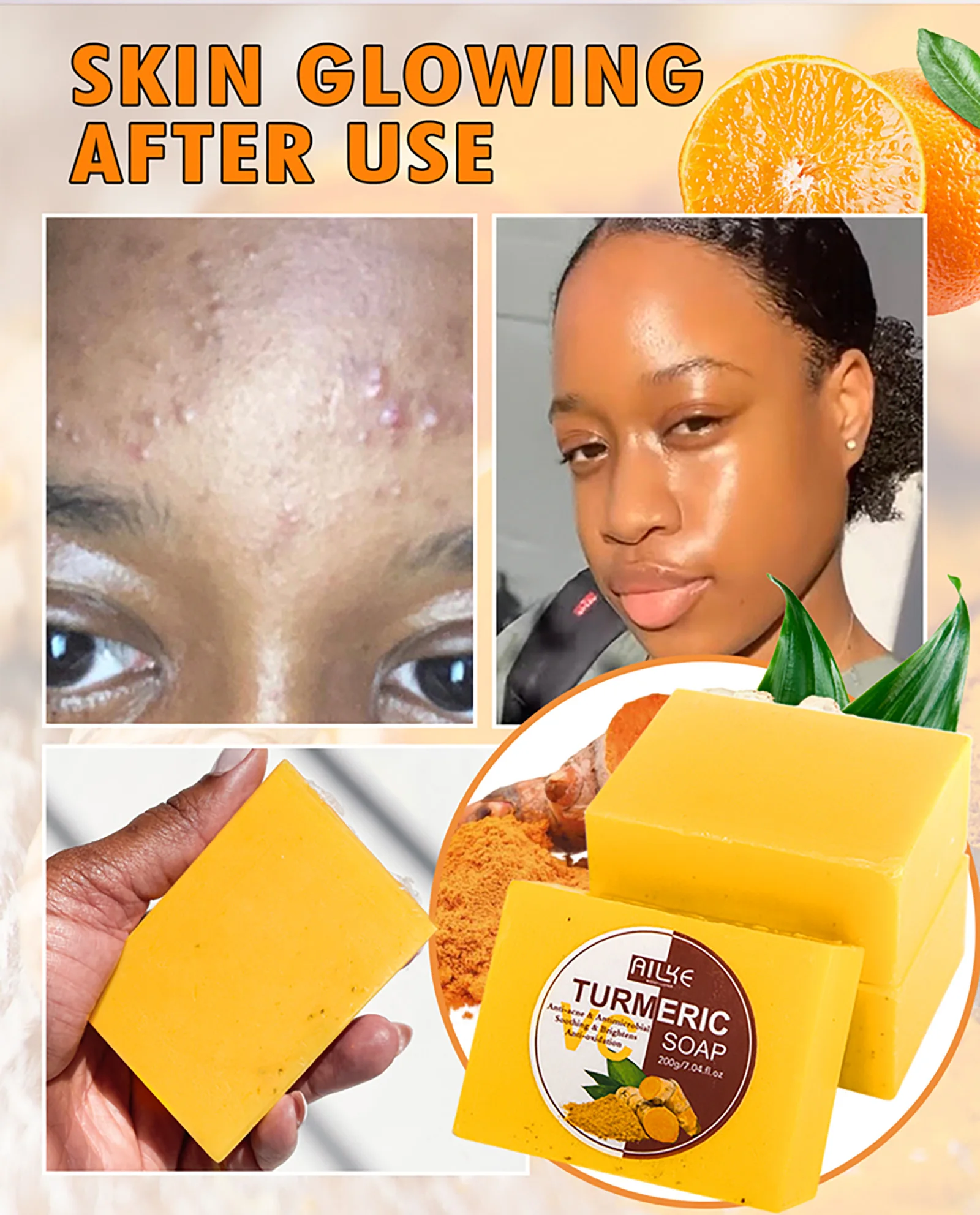 AILKE Natural Turmeric Soap for Face & Body, Lighten, Clean Stains, Brighten Skin Tone, Reduce Acne, Age Spot, Black Spot