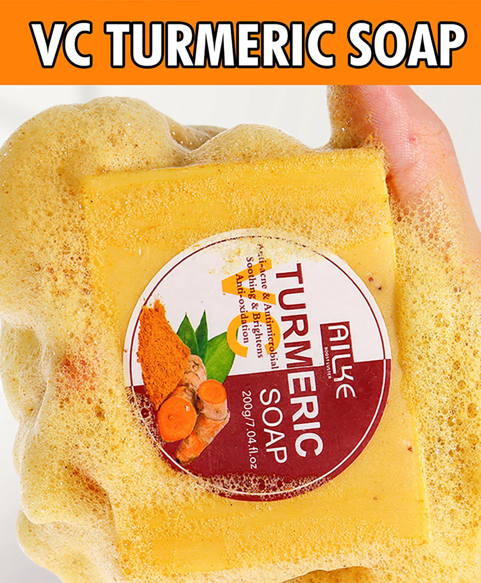 AILKE Natural Turmeric Soap for Face & Body, Lighten, Clean Stains, Brighten Skin Tone, Reduce Acne, Age Spot, Black Spot