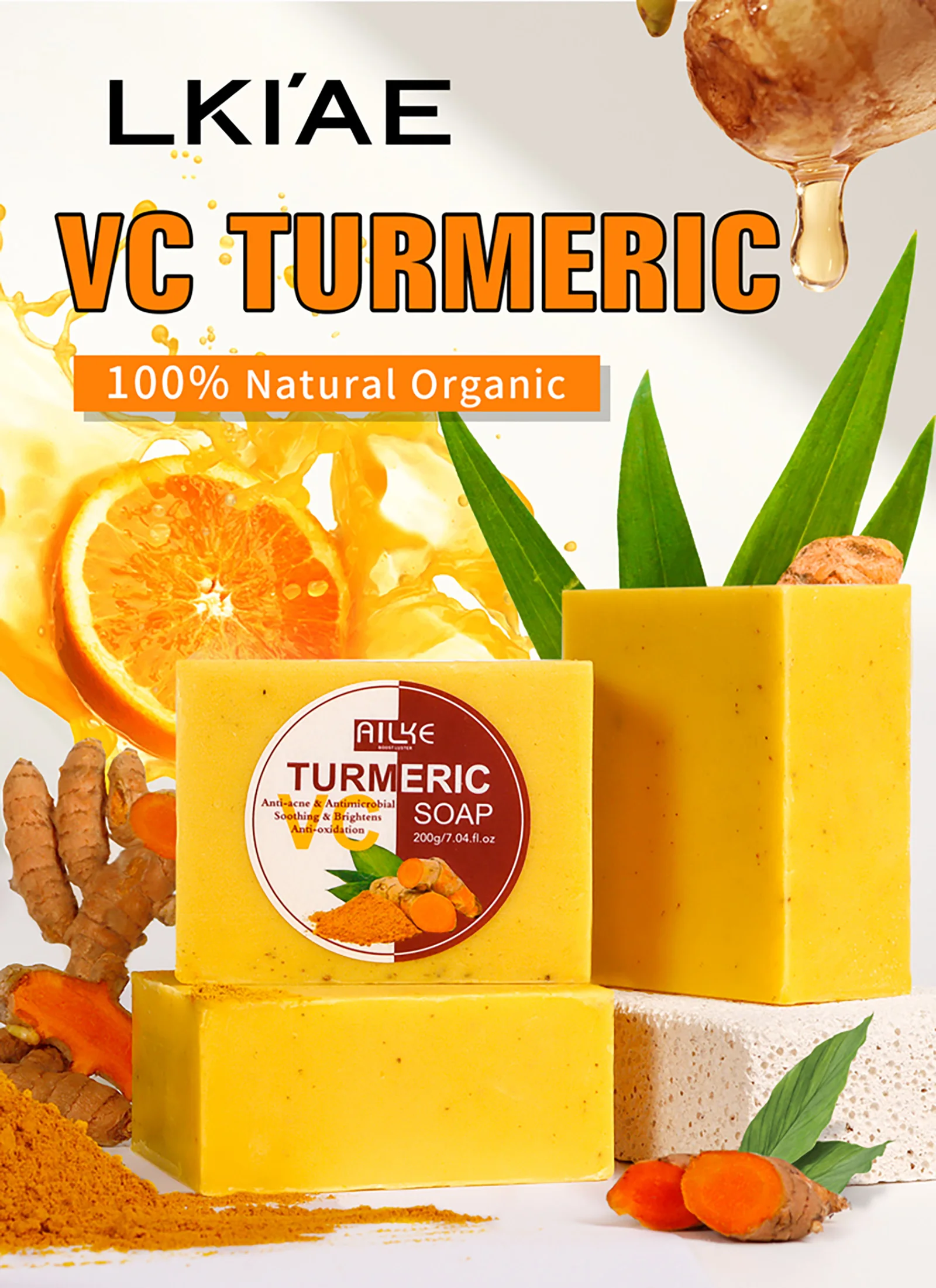 AILKE Natural Turmeric Soap for Face & Body, Lighten, Clean Stains, Brighten Skin Tone, Reduce Acne, Age Spot, Black Spot