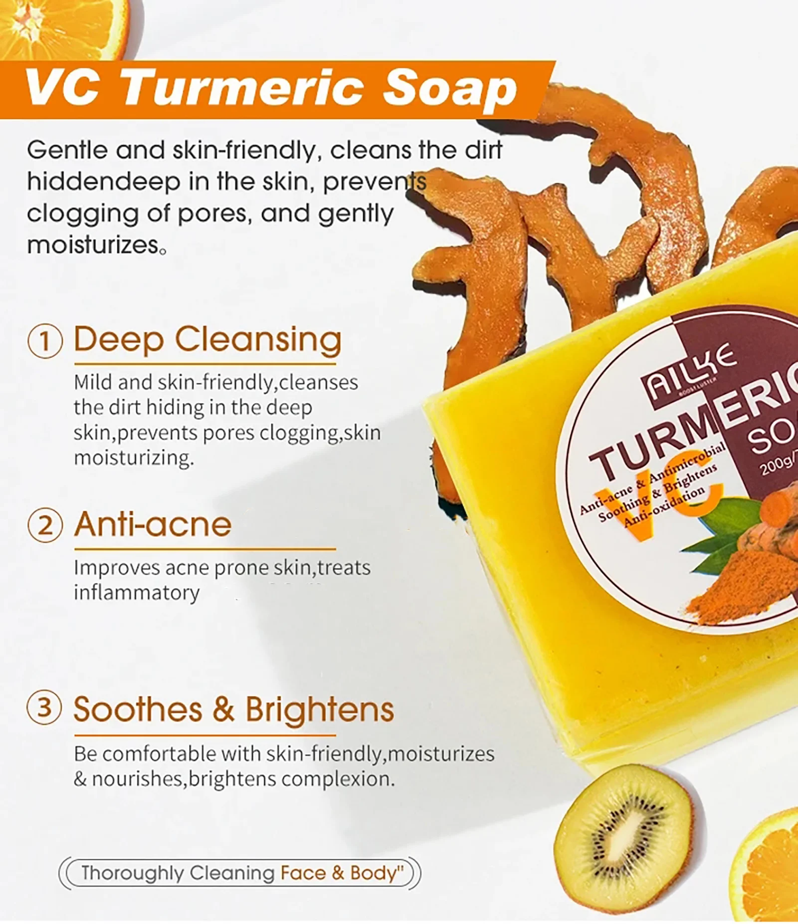 AILKE Natural Turmeric Soap for Face & Body, Lighten, Clean Stains, Brighten Skin Tone, Reduce Acne, Age Spot, Black Spot