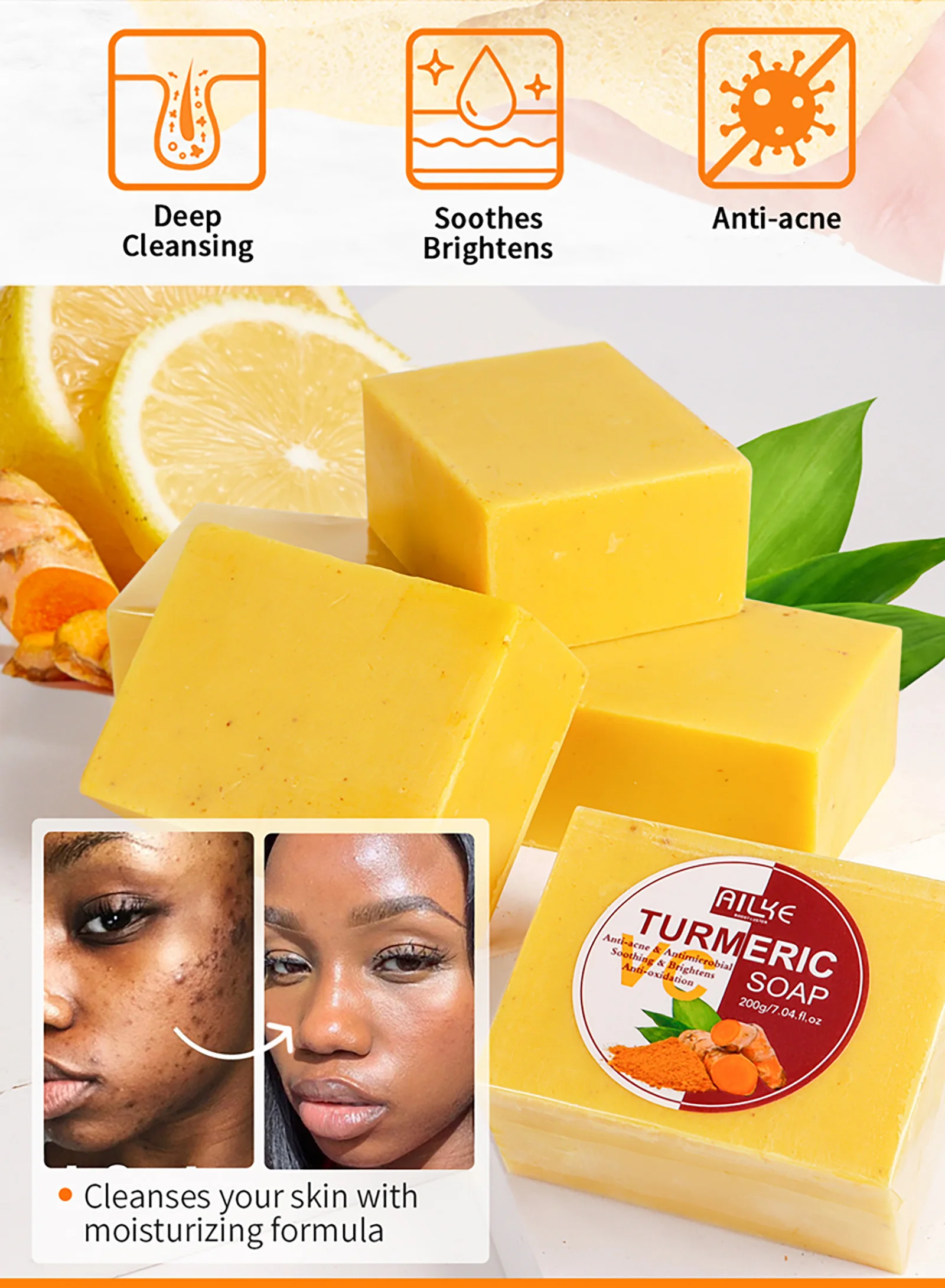 AILKE Natural Turmeric Soap for Face & Body, Lighten, Clean Stains, Brighten Skin Tone, Reduce Acne, Age Spot, Black Spot