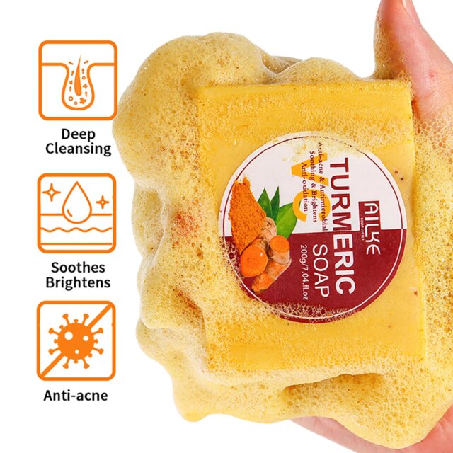 AILKE Natural Turmeric Soap for Face & Body, Lighten, Clean Stains, Brighten Skin Tone, Reduce Acne, Age Spot, Black Spot - Image 6