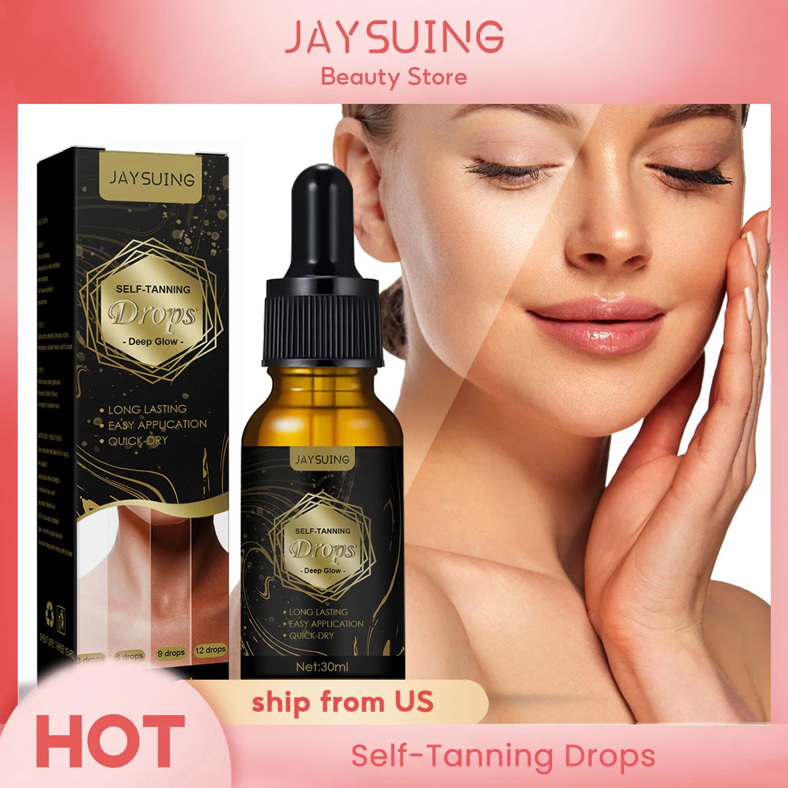 Jaysuing Sunless Natural Emollient Healthy Skin Self Tanner Water Serum for Face Body Skin Care Tanning Serum Self Tanning Drops