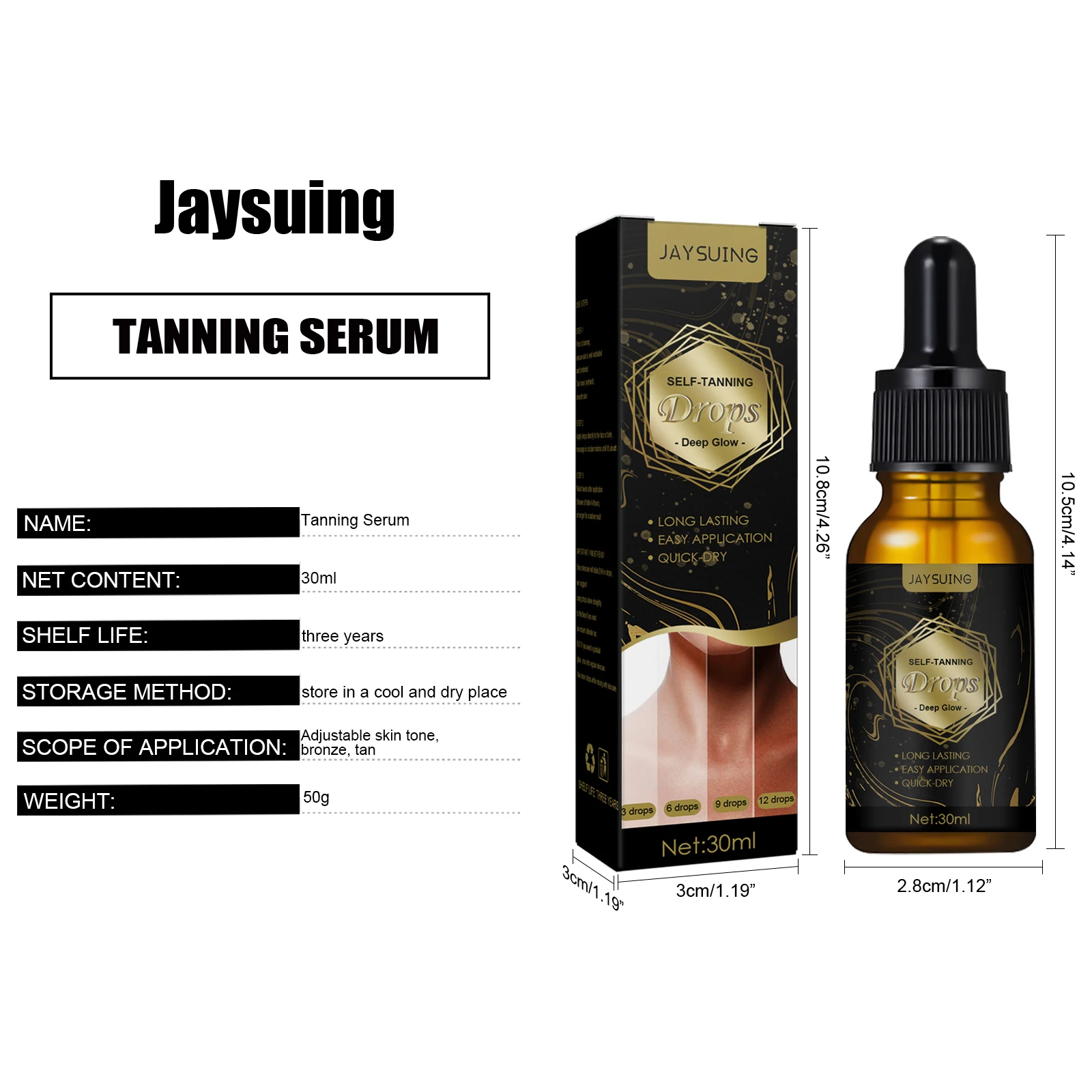 Jaysuing Sunless Natural Emollient Healthy Skin Self Tanner Water Serum for Face Body Skin Care Tanning Serum Self Tanning Drops