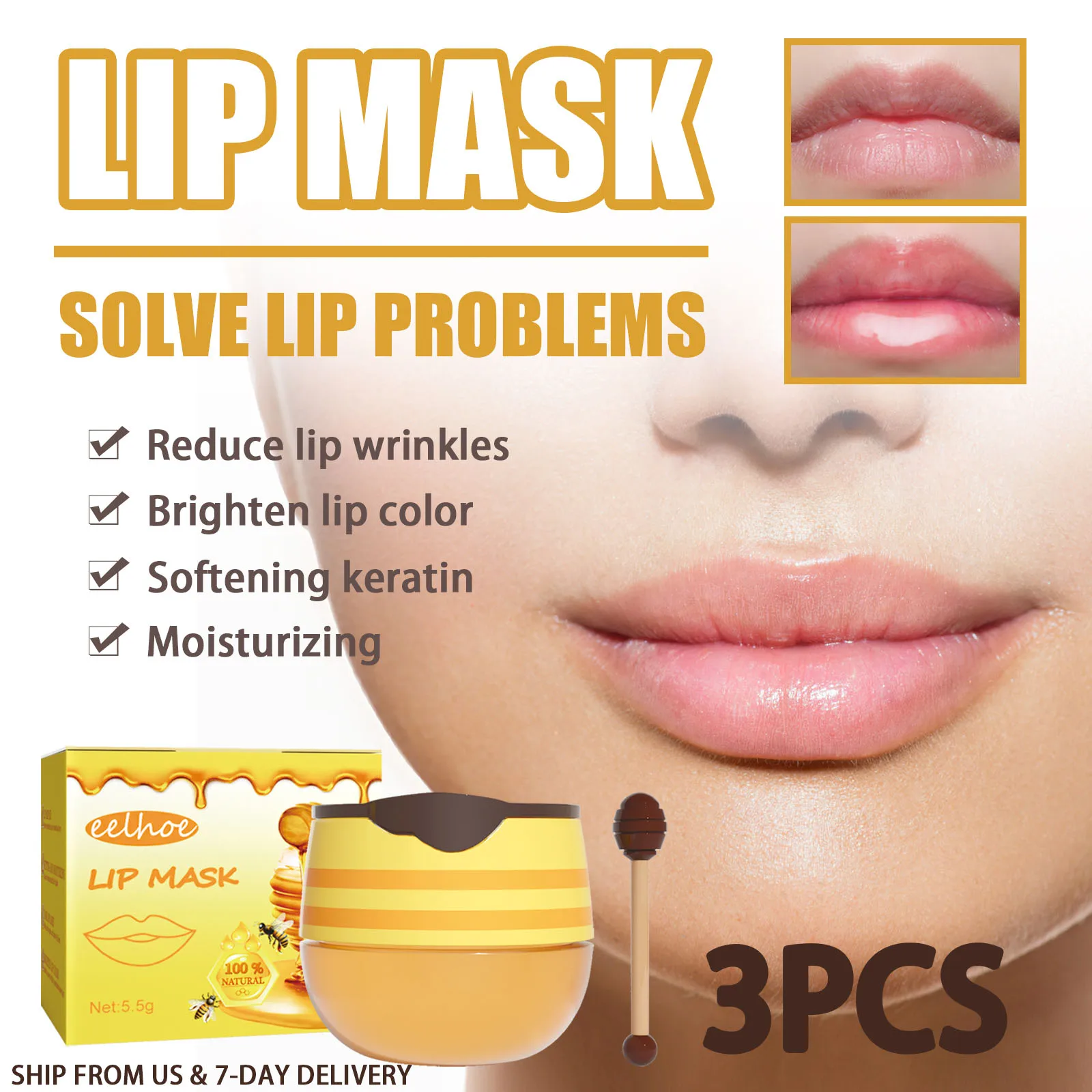 3PCS Honey Lip Mask Exfoliate, Fade Lip Lines, Prevent Drying, Nourish, Moisturize, Brighten Lips, Sleep Lip Mask And Lip Brush