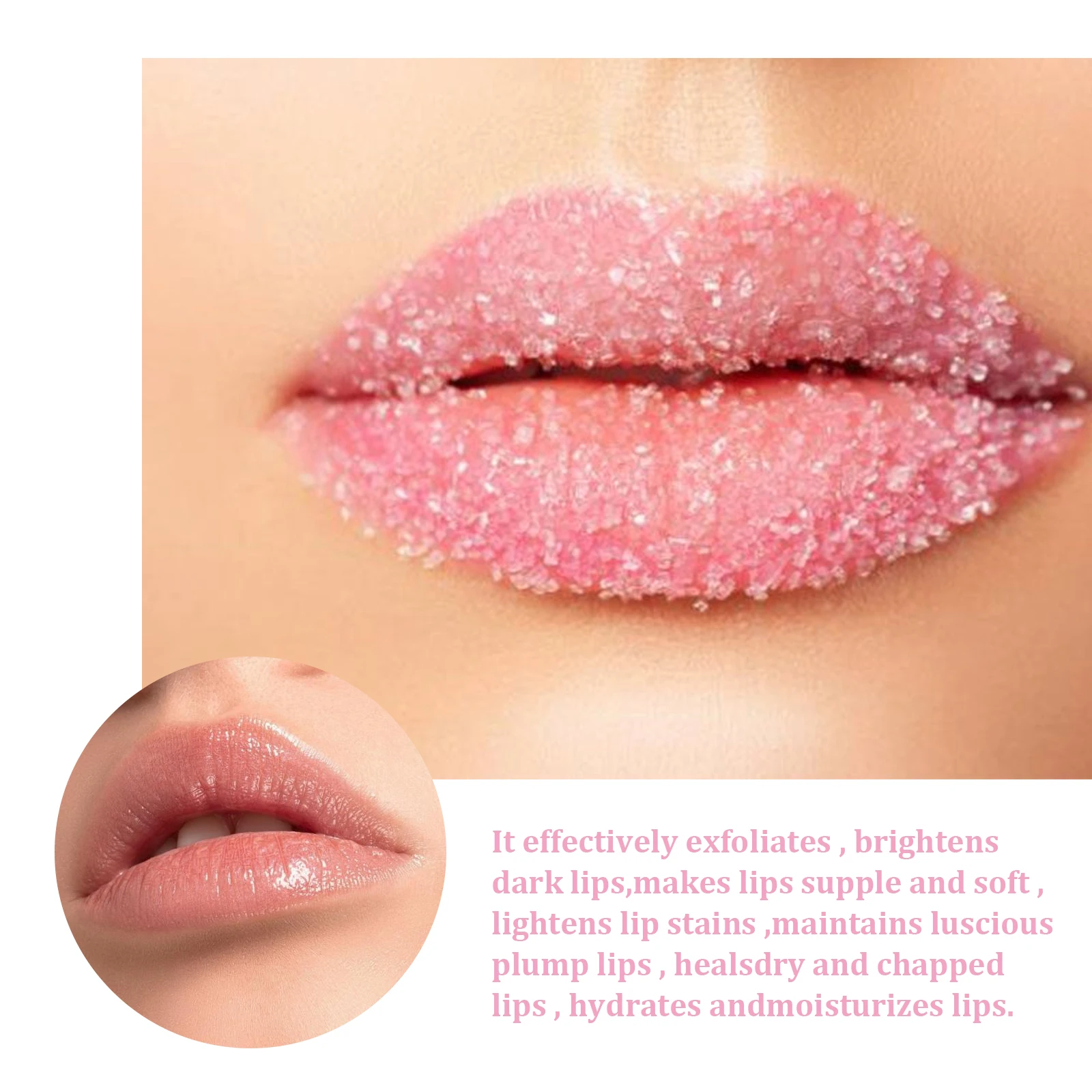 Lip exfoliating scrub reduces lip wrinkles, brightens dark lips, removes dead skin, moisturizes lips, and provides lip care