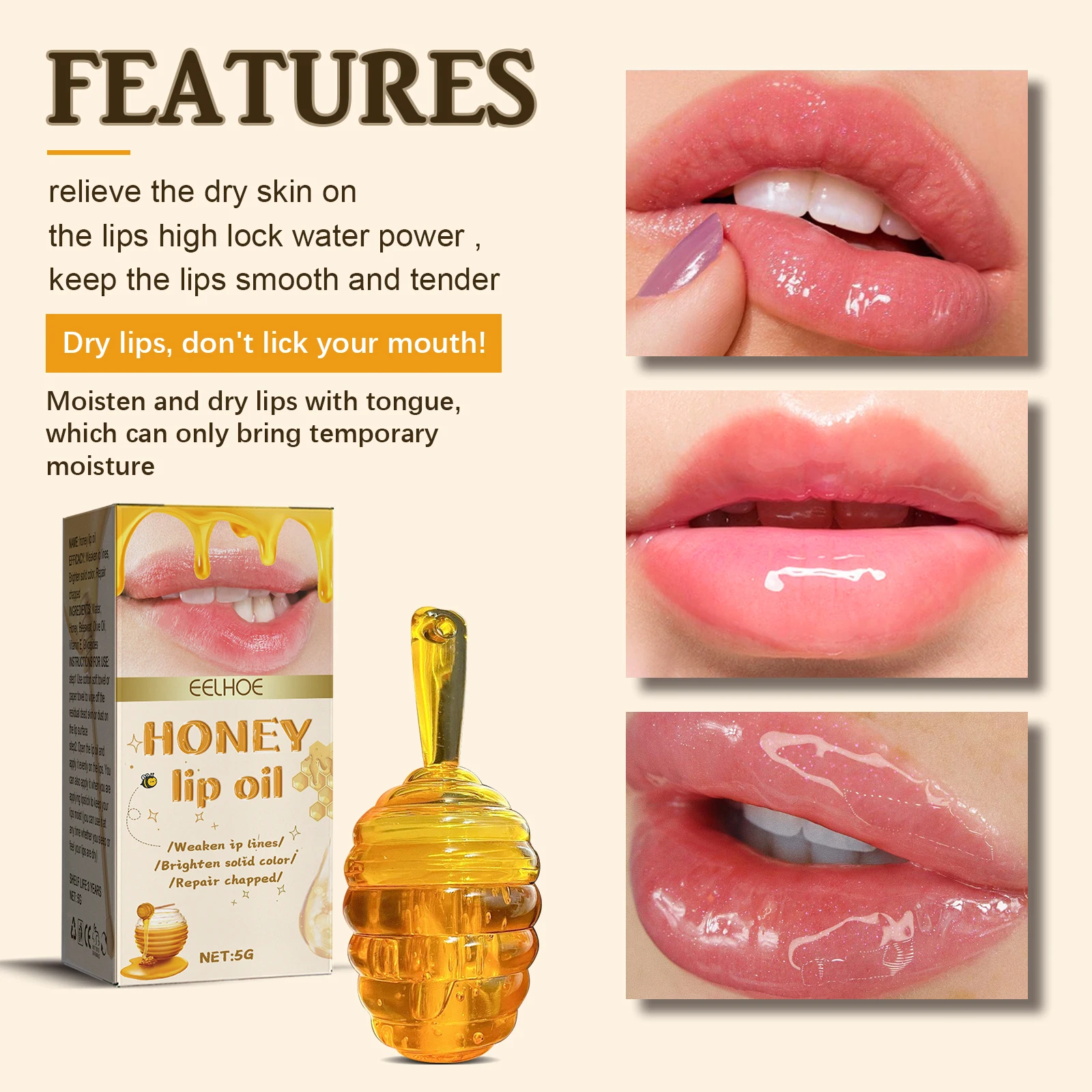 Honey Lip Oil Fresh Beeswax Lip Balm Long-lasting Moisturizing Transparent Lip Oil Liquid Lipstick Lip Care Skin Care Products