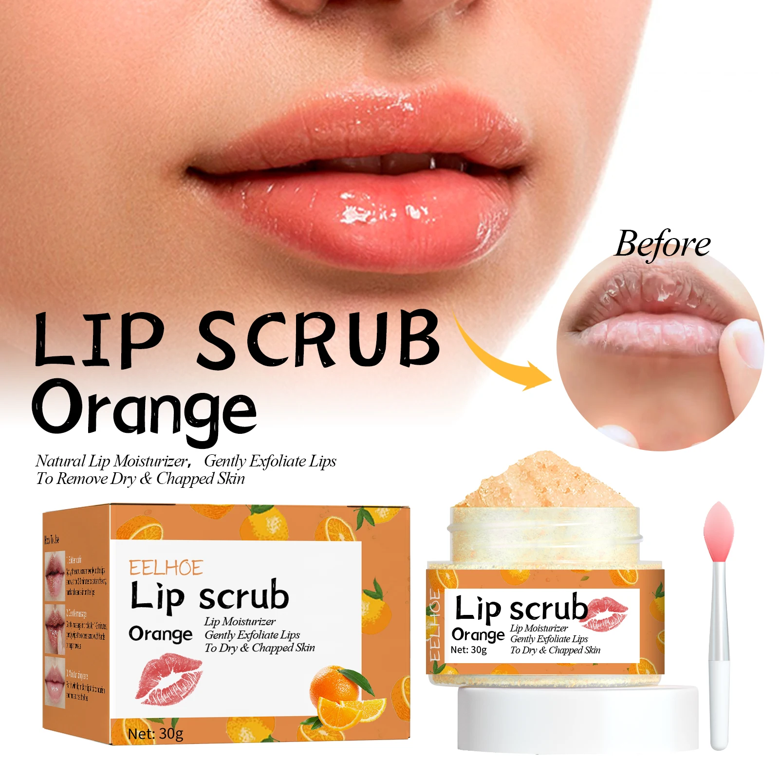 Orange Lip Scrub Prevents Dry And Cracked Lips Removes Dead Skin Lightens Lip Wrinkles Moisturizes & Nourishes Lips Care Product