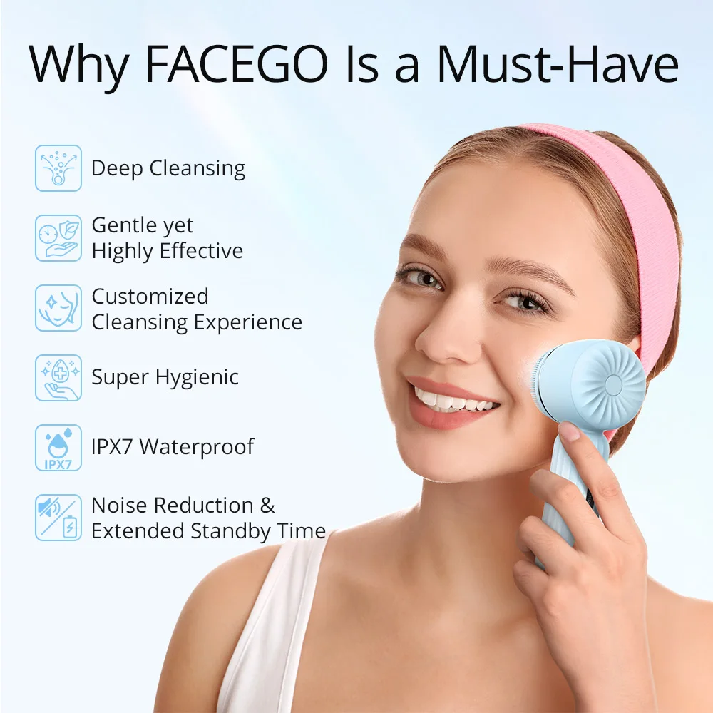 IPX7 waterproof  Facial Cleansing Brush for Men & Women Rechargeable Facego Ultrasonic Deep Cleansing Exfoliating Face Scrubber