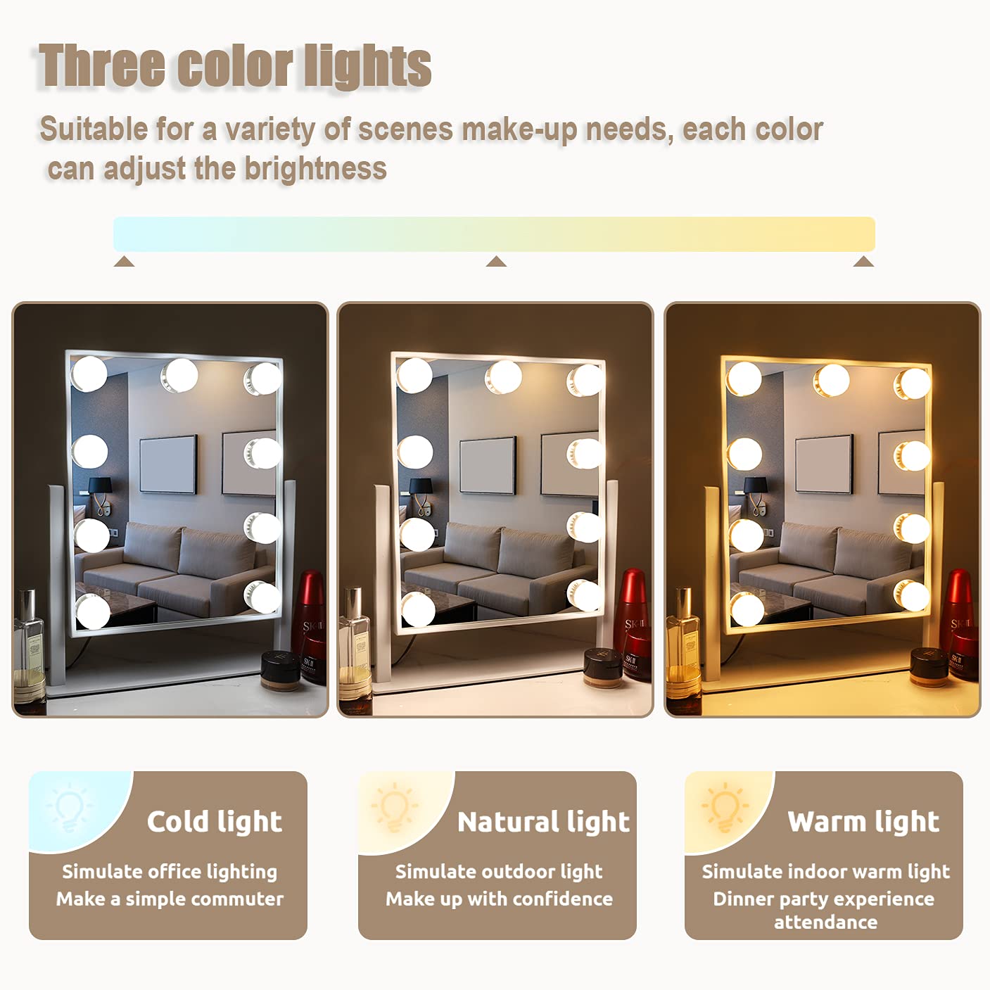 FENCHILIN Hollywood Mirror with Light Lighted Makeup Mirror Vanity Makeup Mirror Smart Touch Control 3Colors Dimable Light