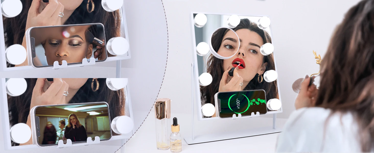 Lighted Vanity Mirror with Bluetooth and Wireless Charging Makeup Lights 9 Dimmable Bulbs 3 Color Lighting Tabletop (Whi