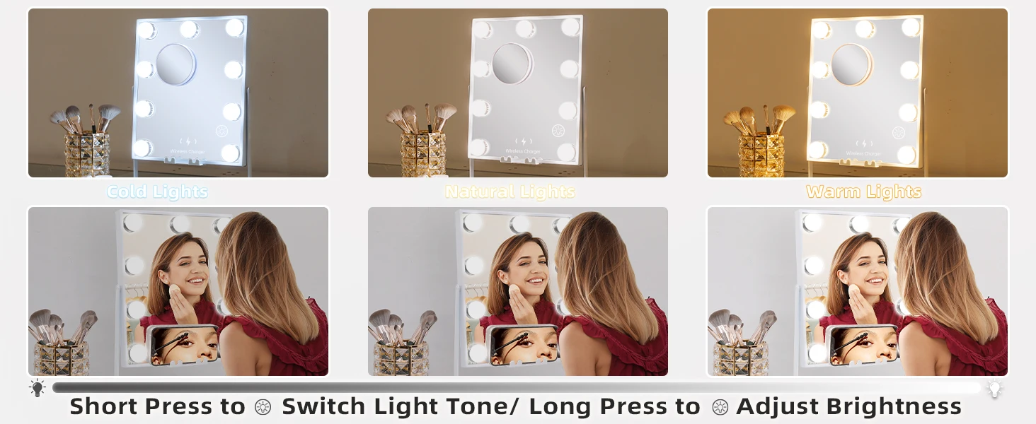 Lighted Vanity Mirror with Bluetooth and Wireless Charging Makeup Lights 9 Dimmable Bulbs 3 Color Lighting Tabletop (Whi