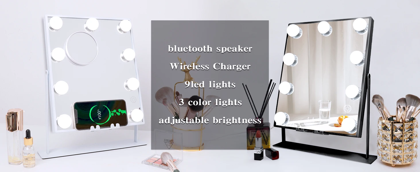 Lighted Vanity Mirror with Bluetooth and Wireless Charging Makeup Lights 9 Dimmable Bulbs 3 Color Lighting Tabletop (Whi