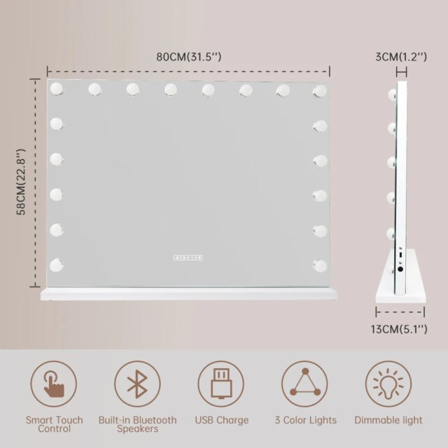 Large Vanity Mirror With Lights And Bluetooth Speakers Dimmable LED Lights With 10 Times Magnification USB Port for Woman Makeup - Image 6