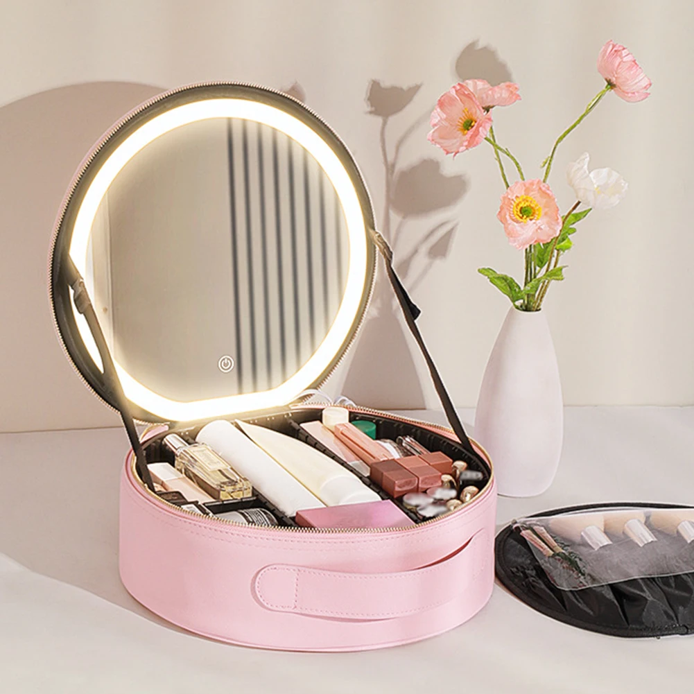 PU Multifunctional Toiletries Organizer with LED Mirror Makeup Case Light 3 Color Adjust Brightness Touch Switch for Women Girls