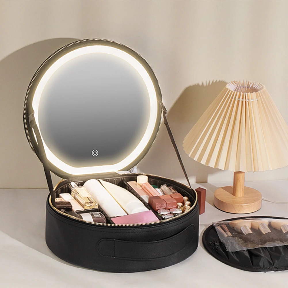 PU Multifunctional Toiletries Organizer with LED Mirror Makeup Case Light 3 Color Adjust Brightness Touch Switch for Women Girls