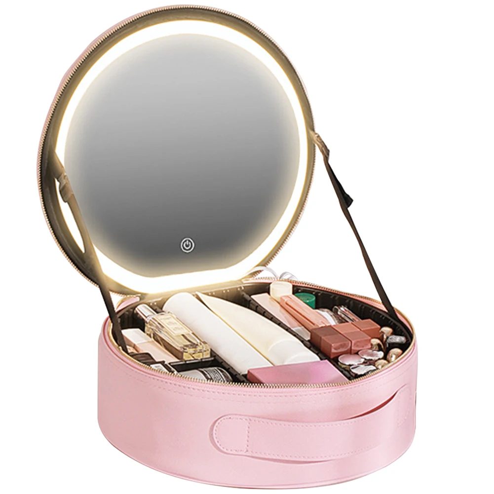 PU Multifunctional Toiletries Organizer with LED Mirror Makeup Case Light 3 Color Adjust Brightness Touch Switch for Women Girls